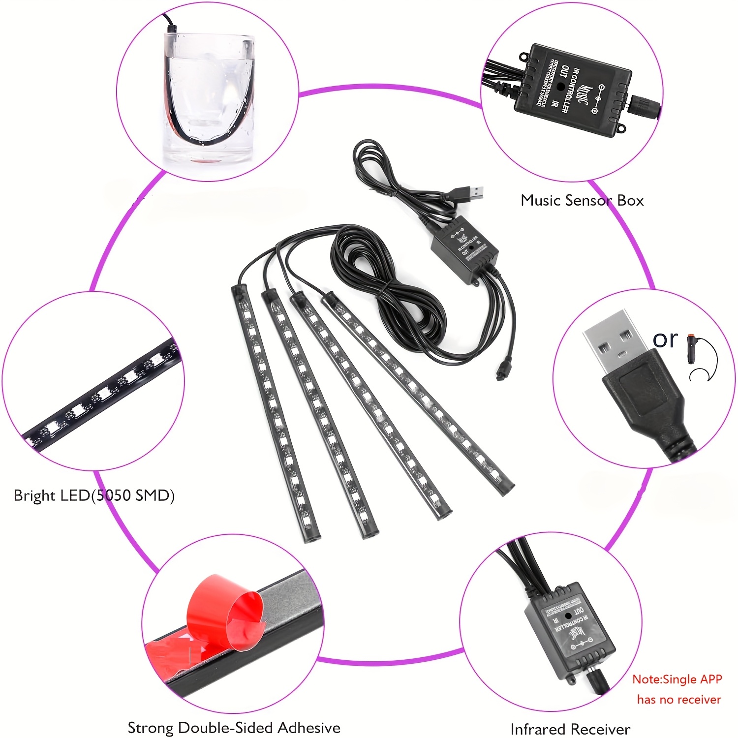 72/48 Neon LED Car Interior Am - Led Ambient Interior Car Lights App Control 评论和价格