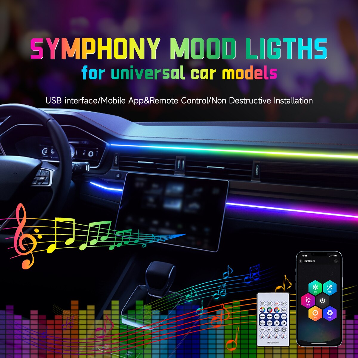 Car LED Ambient Light USB 64 C - Led Ambient Interior Car Lights App Control 评论和价格